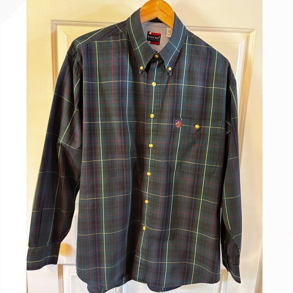 Bugle Boy Classics Mens Plaid Button Down Shirt Green Navy Cotton Size M